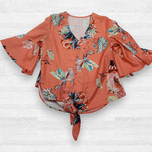 Luvamia Women's V Neck Button Down 3/4 Bell‎ Sleeve Coral Floral Blouse Size L